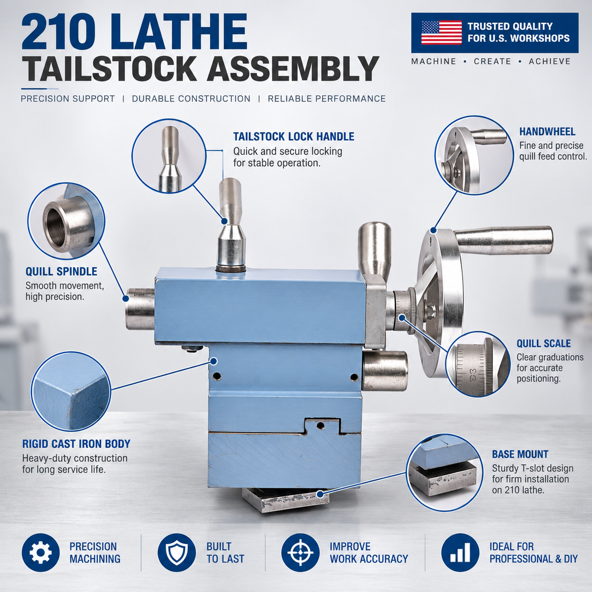 MT2 Tailstock Quill Kit for WM210V BHC210 HS210 JY210V CTC210 210mm Swing Lathes