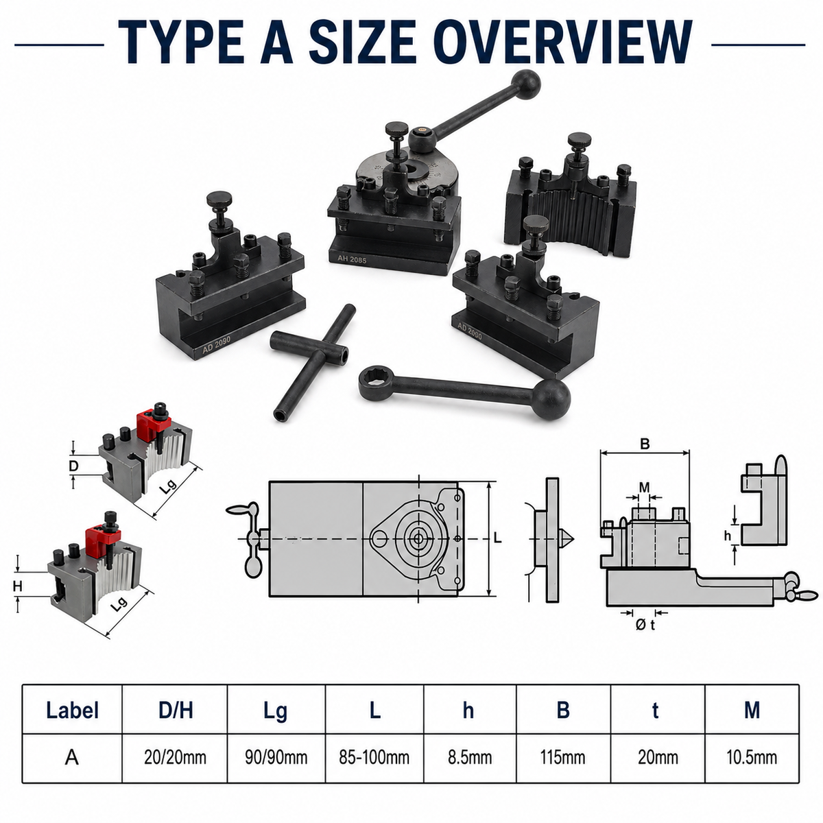 Type A European-Style Quick Change Tool Post & Holder Set for 20x20mm Lathe Tools 150-300mm Swing