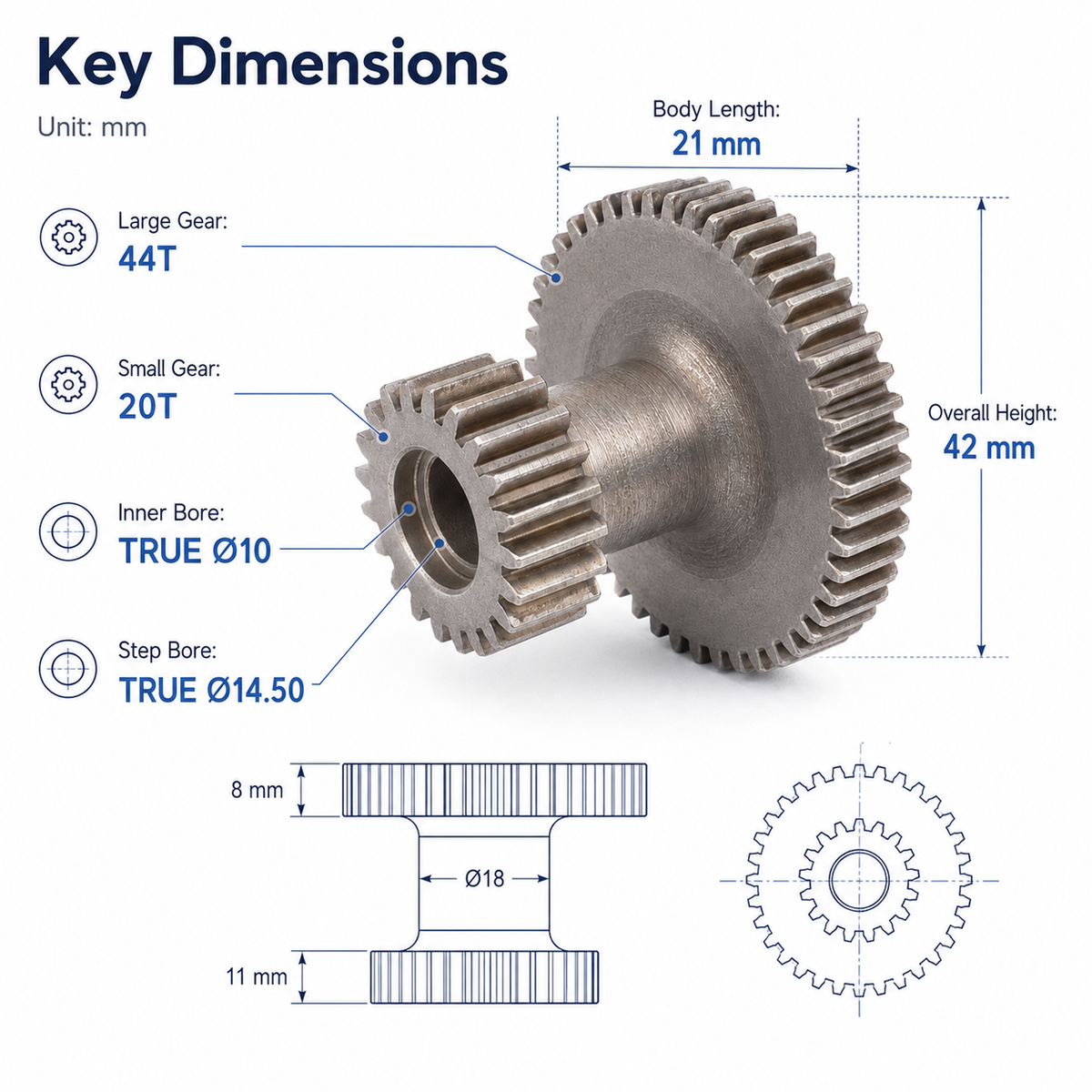 20T/44T Apron Feed Drive Gear for WM210V BHC210 HS210 JY210V CTC210 Bernardo Profi 400V Replacement Part