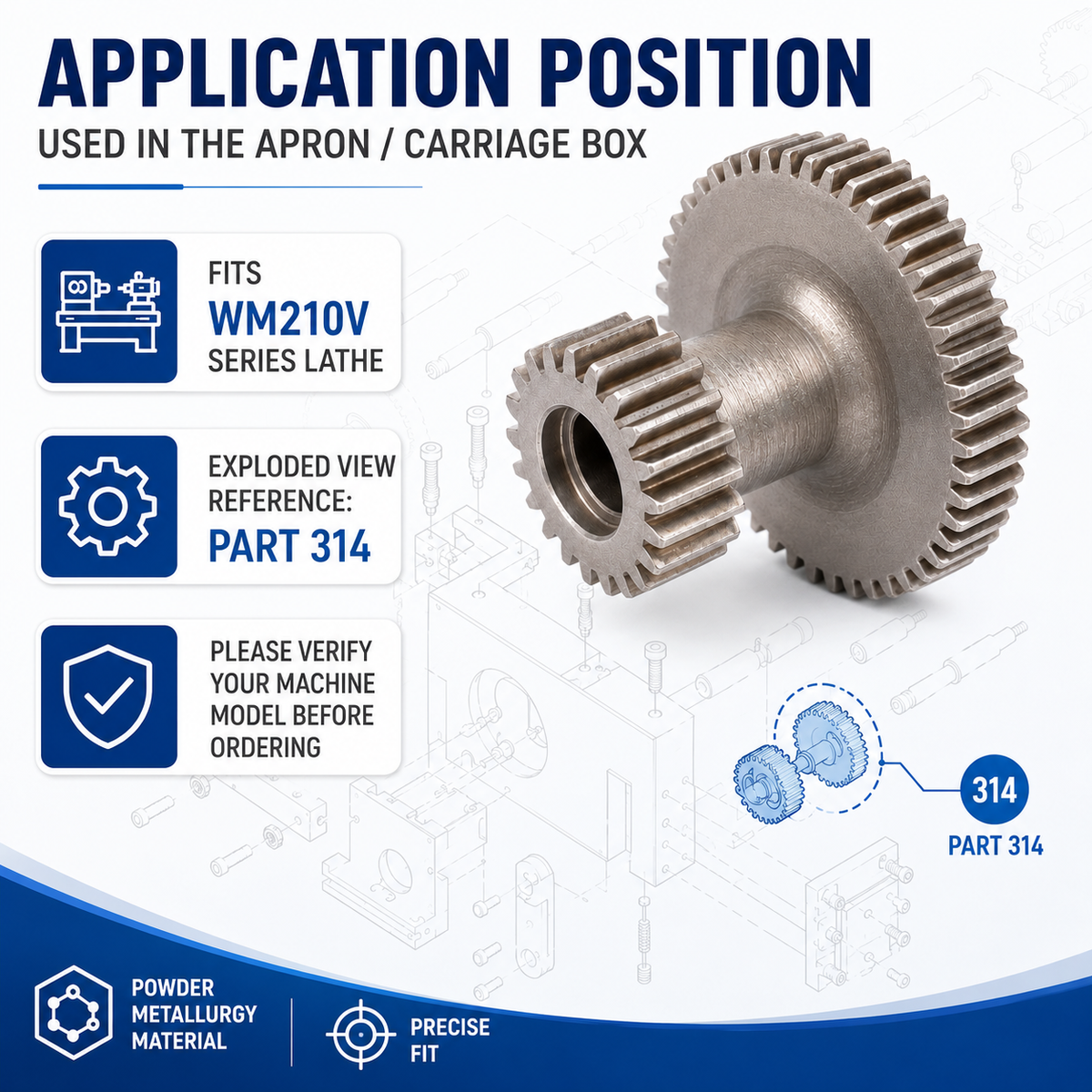 20T/44T Apron Feed Drive Gear for WM210V BHC210 HS210 JY210V CTC210 Bernardo Profi 400V Replacement Part