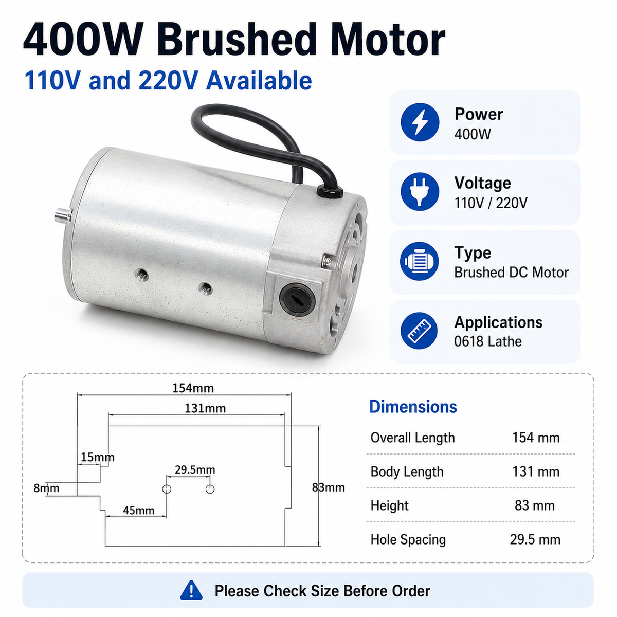 0618-150 400W/550W DC Brushed Motor 110V/220V for 0618 Mini Lathe Replacement Part